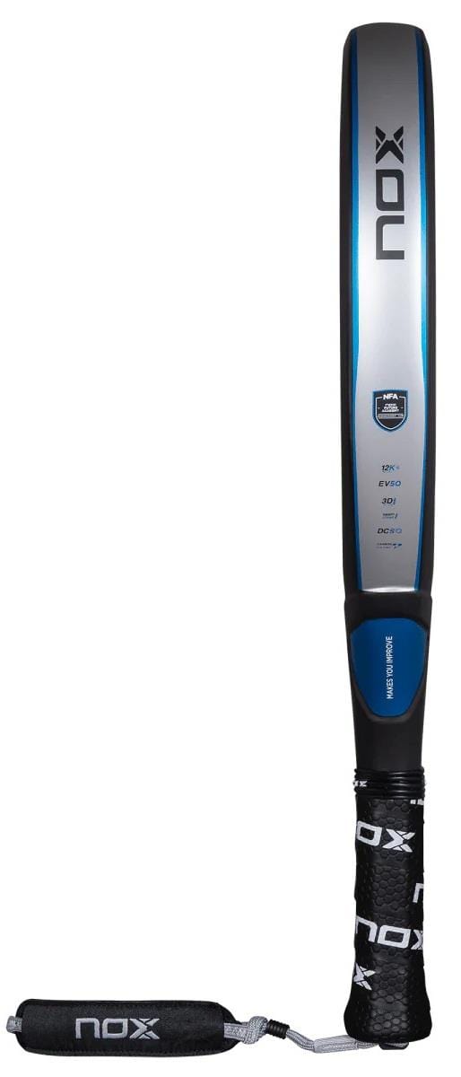 The NOX NFA Future Hybrid 12K Alum Padel Racket in black and blue features Carbon 12K tech, branded details, and a comfy black grip with wrist strap—ideal for players seeking top performance.