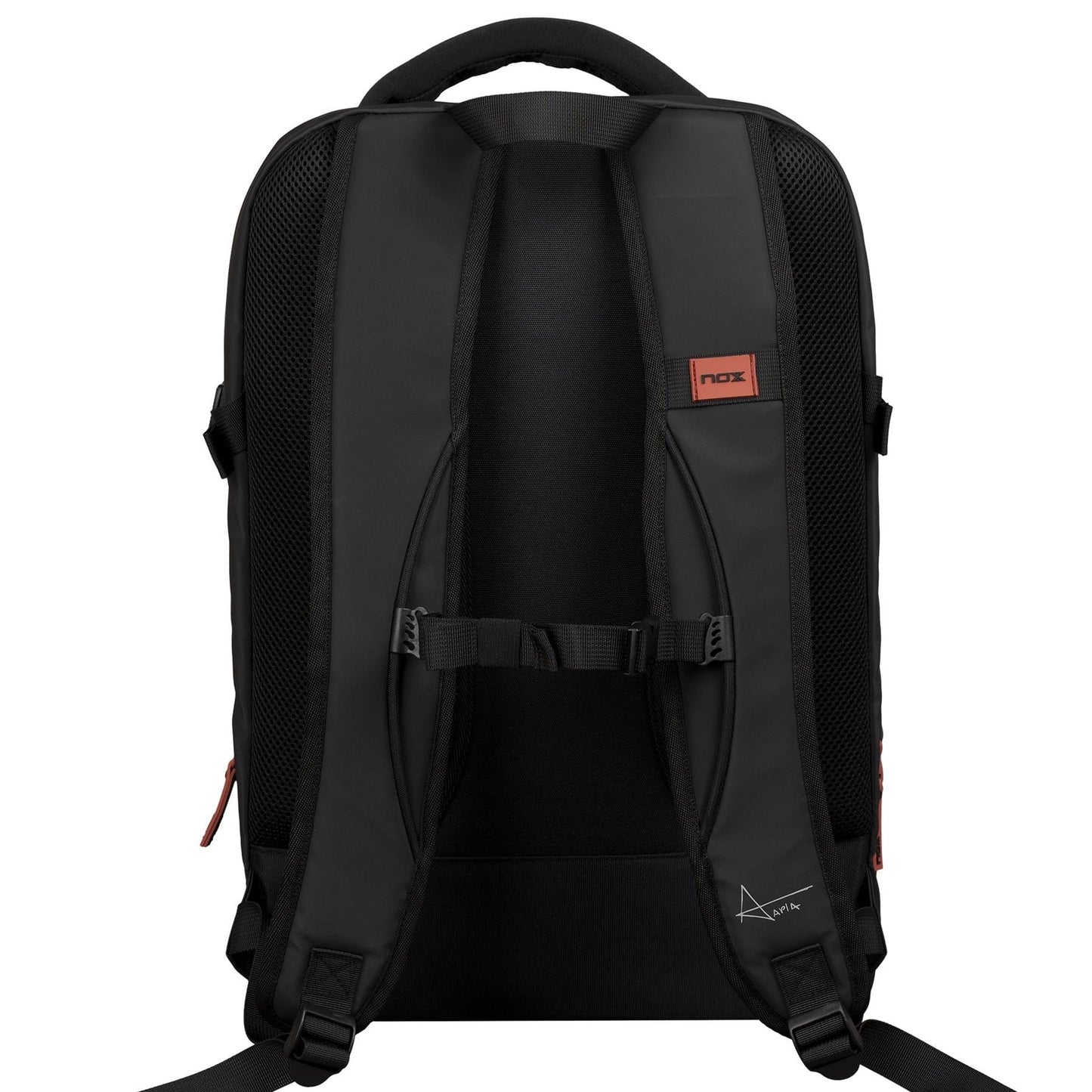 The NOX Luxury Open Series Padel Backpack - Black / Red is shown from the back, highlighting padded shoulder straps, chest buckle, top handle, mesh Air Ventilation System, a small red NOX logo, and a white stylized signature design in the lower right corner.
