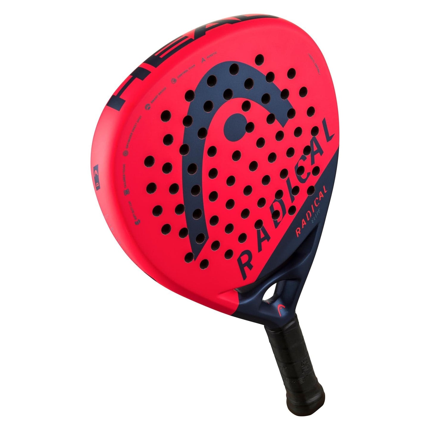 The HEAD Radical Elite 2024 Padel Racket, available in a striking orange color, is ideal for a control game. It boasts a perforated design and incorporates Auxetic technology. The racket features a black handle with a textured grip to enhance play.
