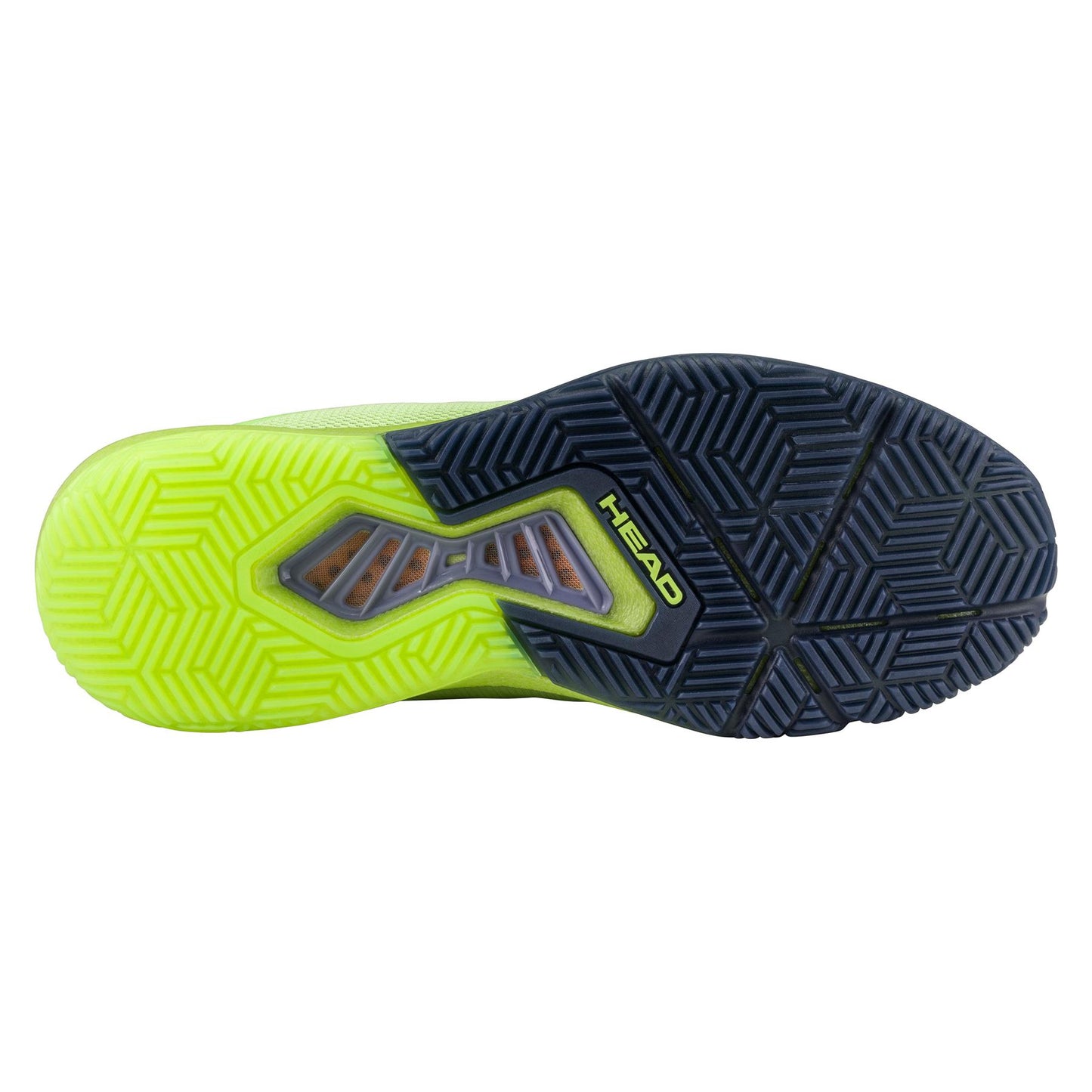 The image shows the sole of the HEAD Motion Pro Men's Padel Shoes in lime and navy with a geometric tread pattern. A small transparent area, enhancing breathability, features the "HEAD" branding, emphasizing its padel shoes design.