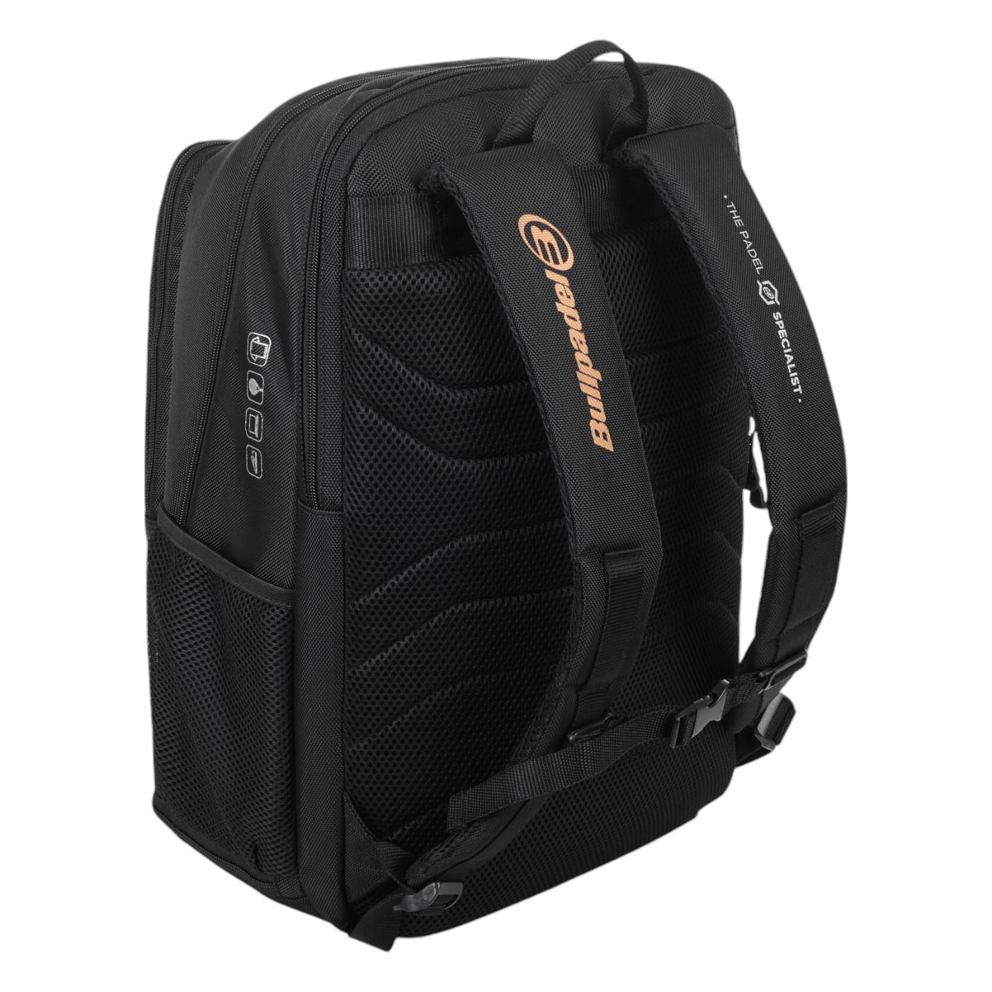 The Bullpadel Vertex 25 Padel Backpack in black boasts padded shoulder straps with orange branding and buckle closures. It features side pockets for tennis gear and breathable mesh padding for comfort.