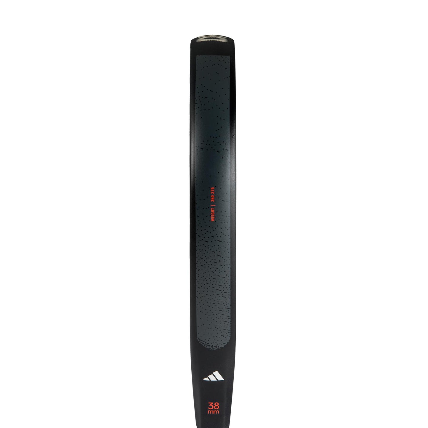 Close-up of the adidas Drive Black 3.4 Padel Racket's black blade, ideal for beginners, showing its dotted textured surface with red "38 mm" text next to a three-striped white logo, reminiscent of a fibreglass padel racket.