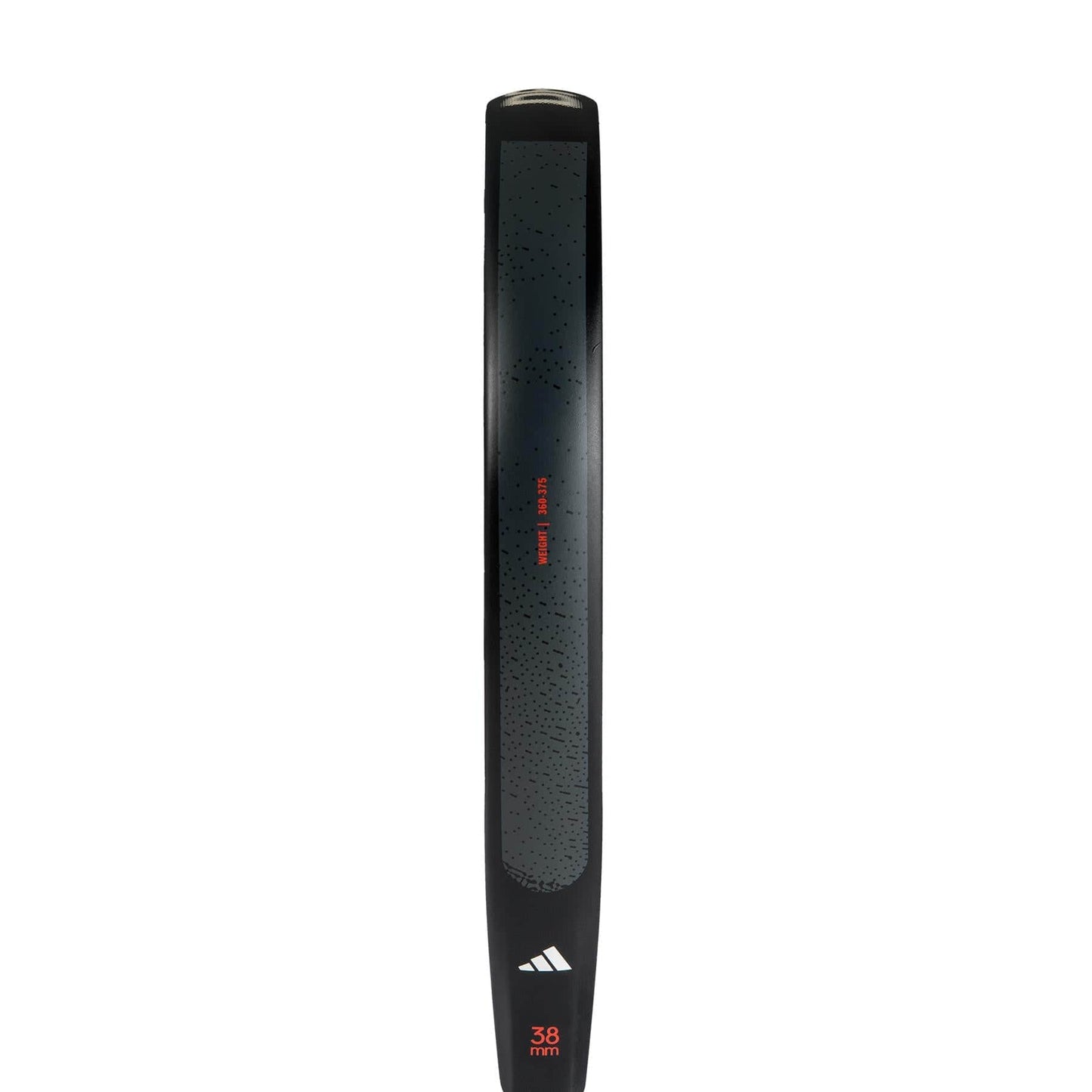 Close-up of the adidas Drive Black 3.4 Padel Racket's black blade, ideal for beginners, showing its dotted textured surface with red "38 mm" text next to a three-striped white logo, reminiscent of a fibreglass padel racket.