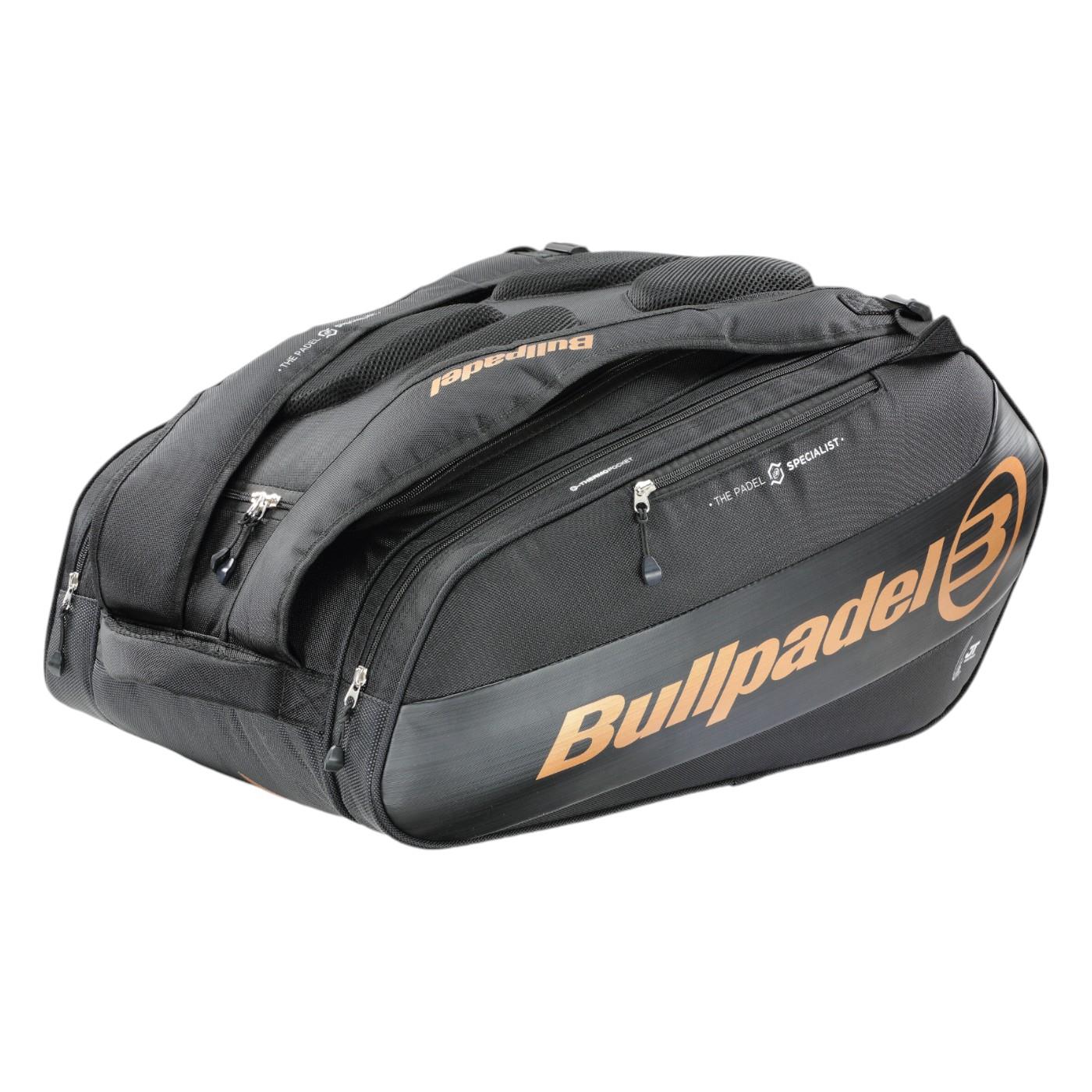 The Bullpadel Vertex 25 Padel Racket Bag in black features orange branding, multiple zippered compartments, a ventilated section, and padded shoulder straps for comfort, ideal for your Vertex Padel Racket.