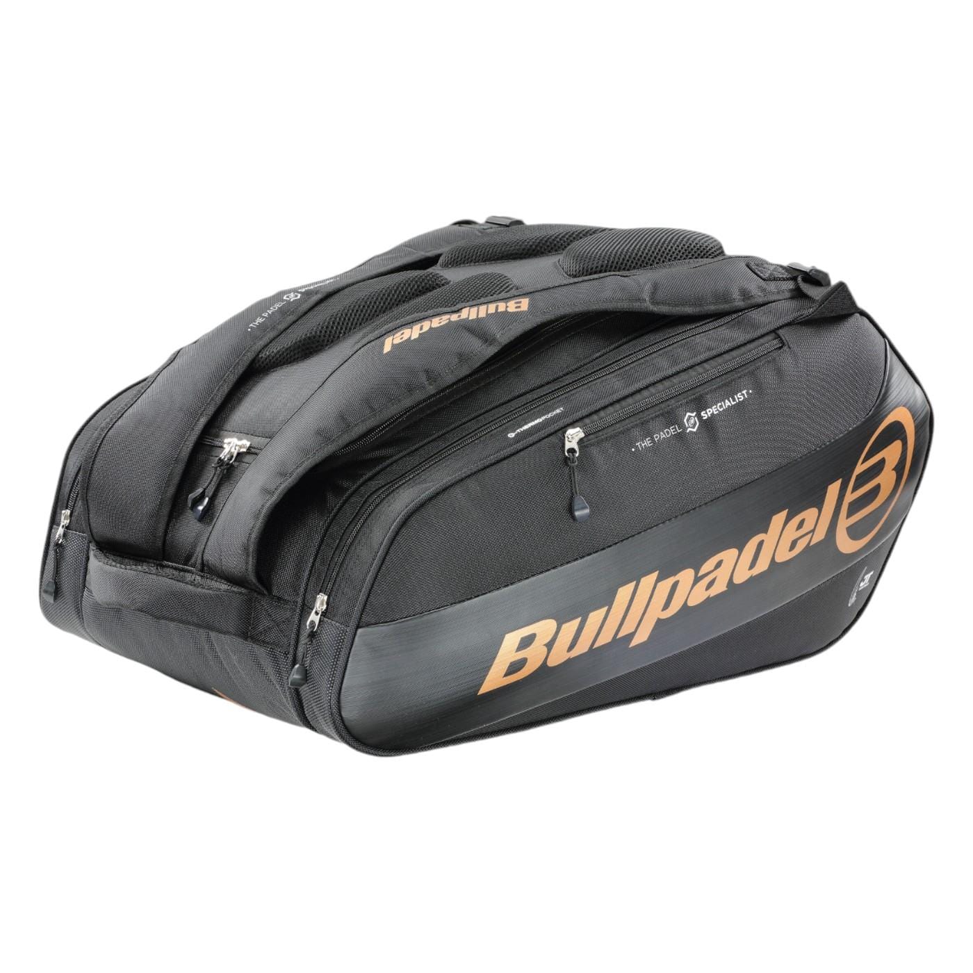 The Bullpadel Vertex 25 Padel Racket Bag in black features orange branding, multiple zippered compartments, a ventilated section, and padded shoulder straps for comfort, ideal for your Vertex Padel Racket.