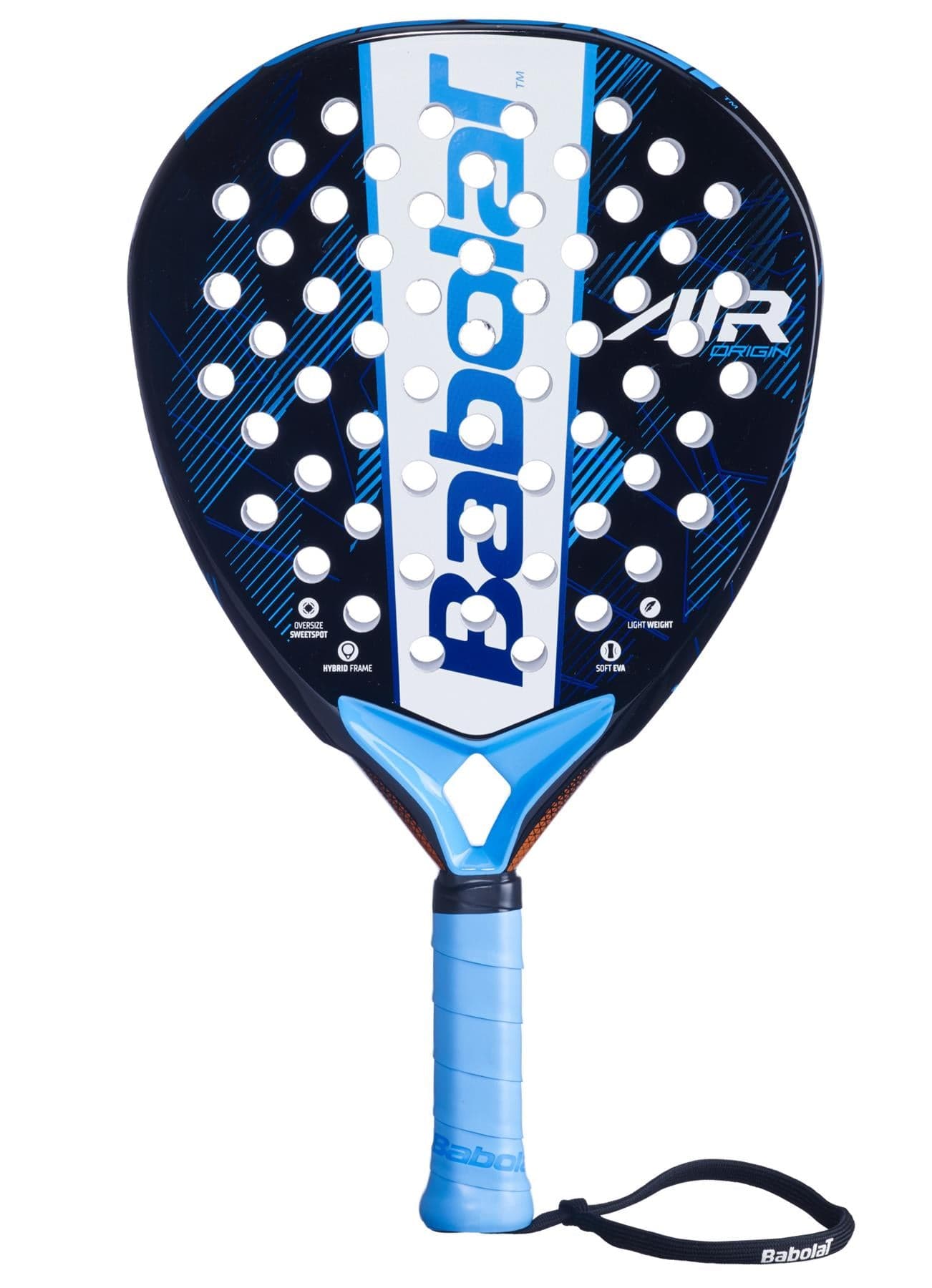 The Babolat Air Origin Padel Racket - Blue features a round shape, multiple holes, light blue grip with wrist strap, and bold Babolat branding—ideal as a beginner padel racket.