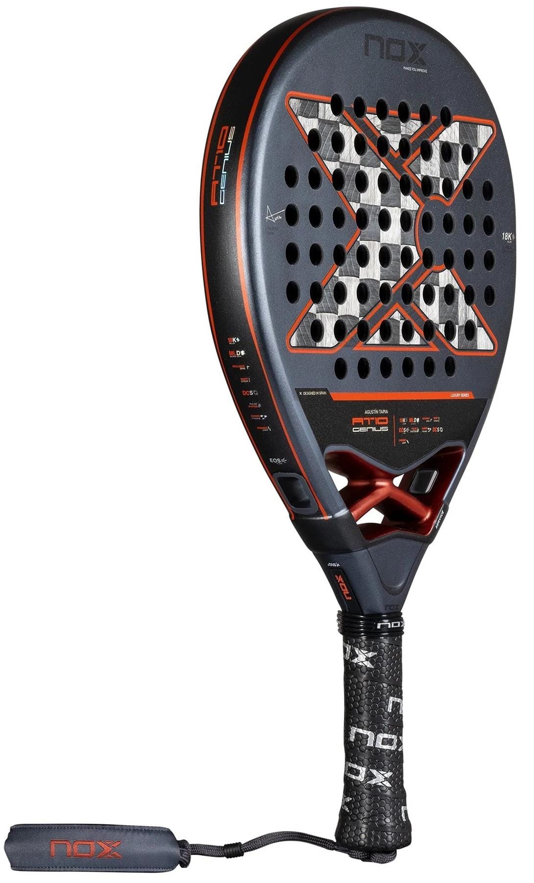 The NOX AT10 Luxury Genius 18K Alum By Agustin Tapia 2025 Padel Racket features a black and red design with a checkered X center, perforated holes, 18K Carbon Alum construction, and a wrist strap on the handle.