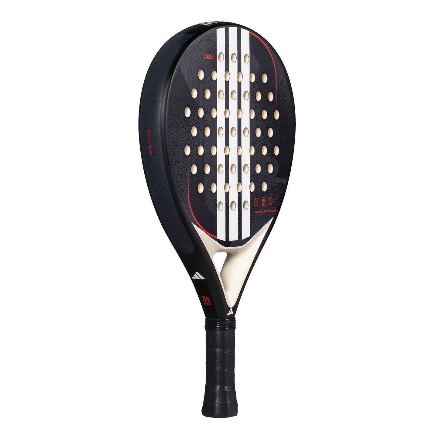 The adidas ADIDAS Drive Black 3.4 Padel Racket is perfect for beginners, featuring a black fibreglass build with a round head, drilled holes, and three white stripes accented by red in the center. The black handle includes grip tape for optimal control.