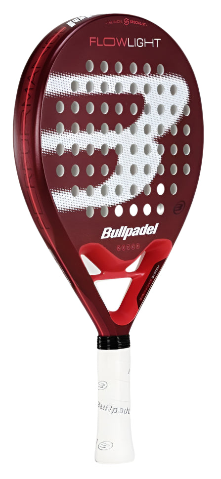 The red Bullpadel Flow Light 2025 padel racket features a white logo, multiple circular holes for enhanced power and control, and a lightweight design with a handle wrapped in white grip tape, ideal for improving your game.