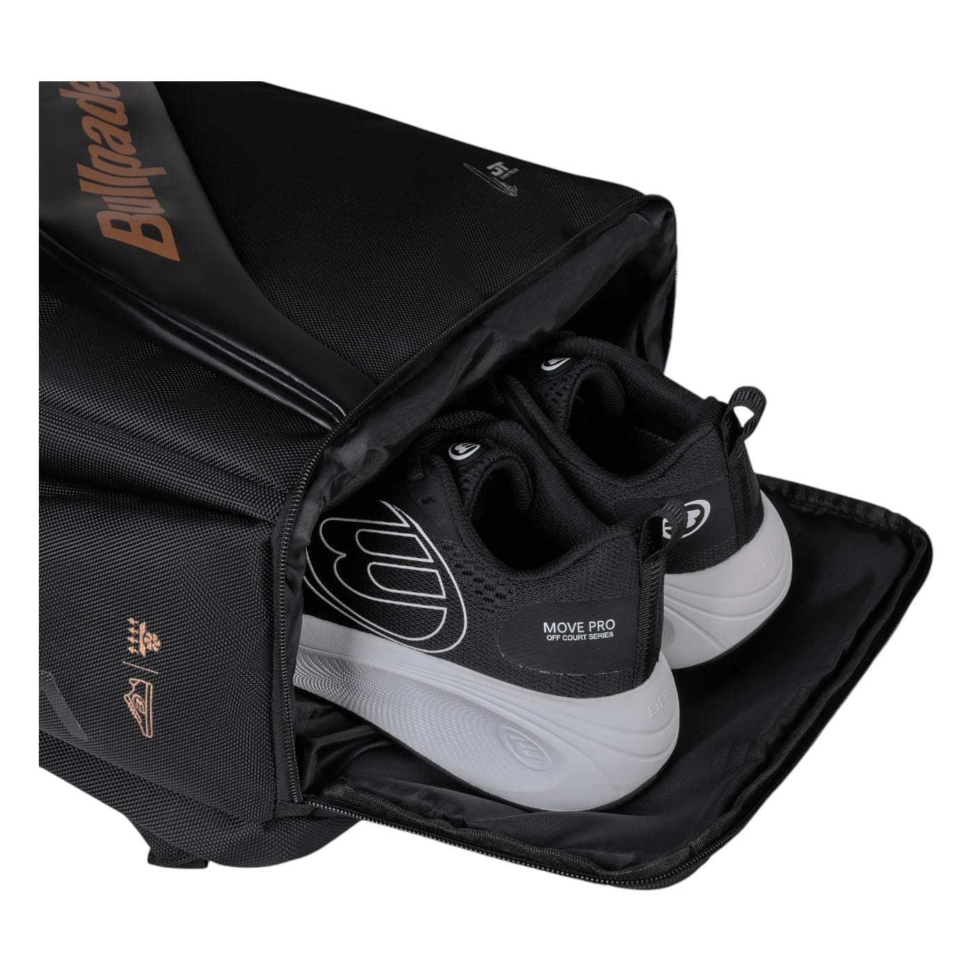 The Bullpadel Vertex 25 Padel Backpack in black, with its open compartment revealing a pair of MOVE PRO sneakers, is perfect for carrying your padel racket. The bag features the "Bullpadel" text in orange while the sneakers display the "MOVE PRO" label on their sides.