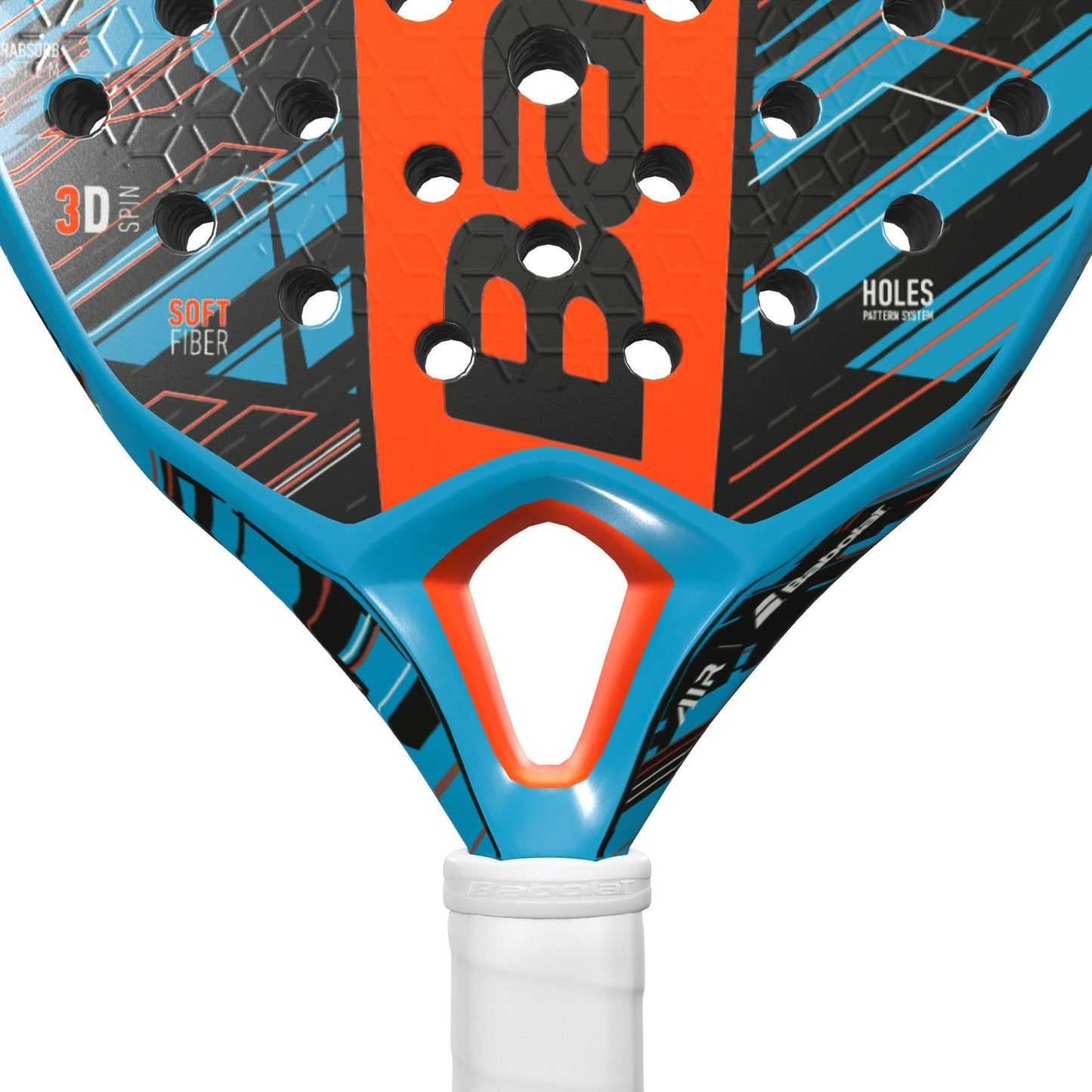 Close-up of the vibrant head of a Babolat Air Vertuo Padel Racket - Blue / Black, showcasing dynamic orange, blue, and black geometric patterns. The Babolat logo is prominently displayed along with features like "3D Spin," "Soft Fiber," and the innovative "Holes Pattern 2022." The handle is wrapped in a white grip for excellent vibration absorption and effortless power delivery.