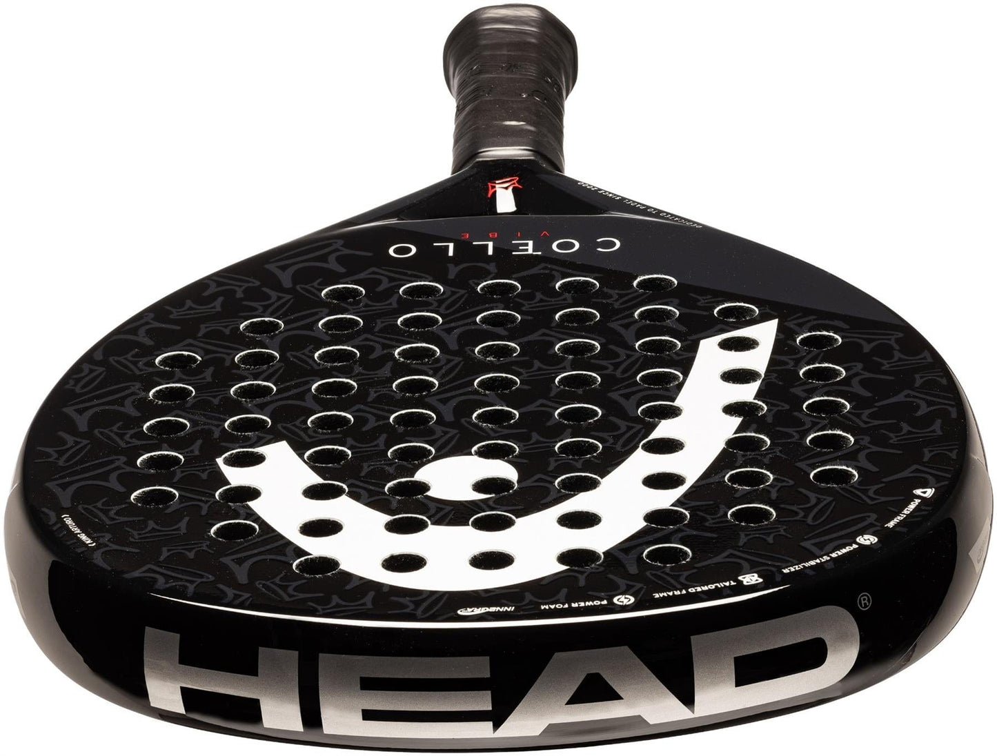 The HEAD Coello Vibe 2025 Padel Racket in black features the white HEAD logo, circular holes on the hitting surface, and a textured grip—perfect for beginners.