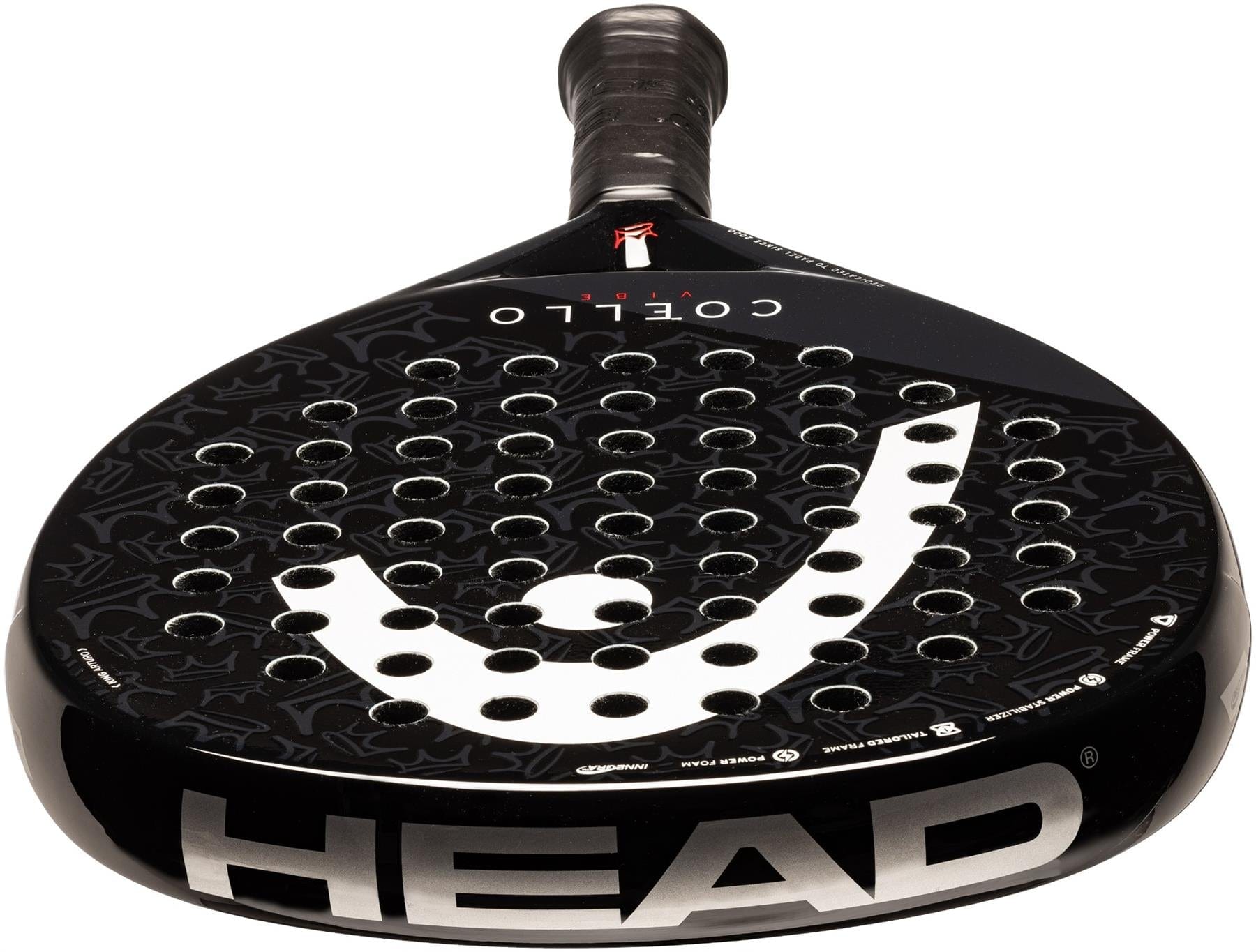 The HEAD Coello Vibe 2025 Padel Racket in black features the white HEAD logo, circular holes on the hitting surface, and a textured grip—perfect for beginners.