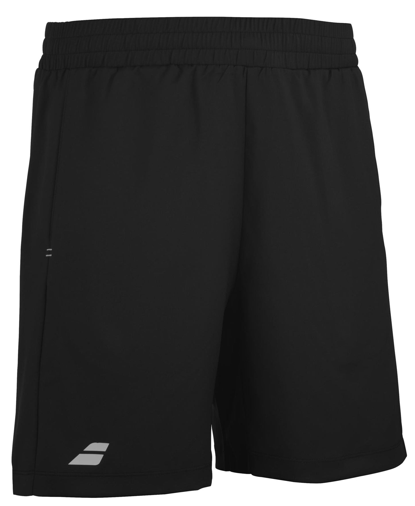 The Babolat Play Men's Padel Shorts in black are made from recycled polyester fabric, featuring an elastic waistband and a subtle logo on the lower left leg. Designed for 360 Motion comfort and activity, these shorts provide a smooth feel.