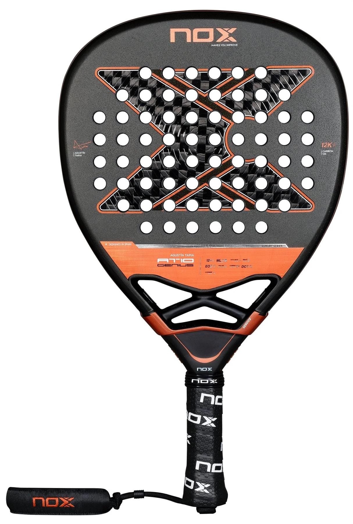The NOX AT10 Luxury Genius Attack 12K By Agustin Tapia 2025 Padel Racket features a black and orange design, 12K Carbon Fibre face, X-shaped hole pattern, NOX branding on head/handle, and a black wrist strap.