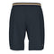 The HEAD Performance Men's Padel Shorts in navy are showcased with a black elastic waistband adorned with white and gold stripes. These shorts feature a small logo near the hem and are crafted from lightweight fabric with 4-way stretch, incorporating moisture transfer technology for optimal comfort.