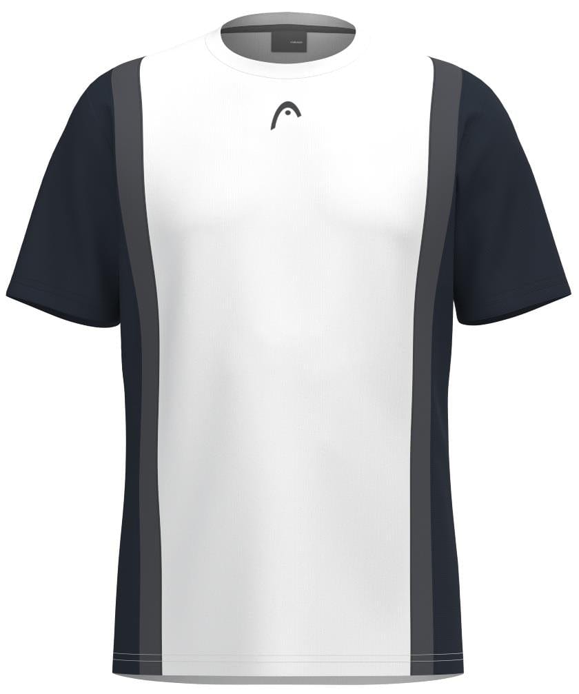 The HEAD Club Tech 25 Men's Padel T-Shirt is a navy and white short-sleeve athletic shirt featuring a central white panel with dark side panels. It incorporates Moisture Transfer Microfiber for comfort and displays a small curved HEAD logo near the neckline.