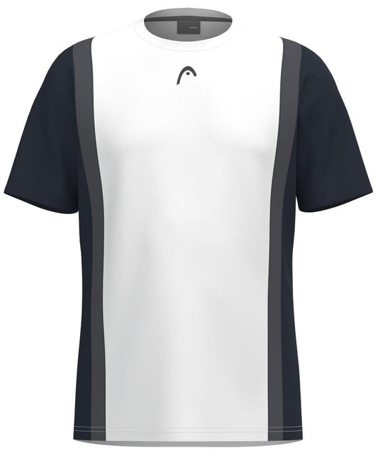The HEAD Club Tech 25 Men's Padel T-Shirt is a navy and white short-sleeve athletic shirt featuring a central white panel with dark side panels. It incorporates Moisture Transfer Microfiber for comfort and displays a small curved HEAD logo near the neckline.