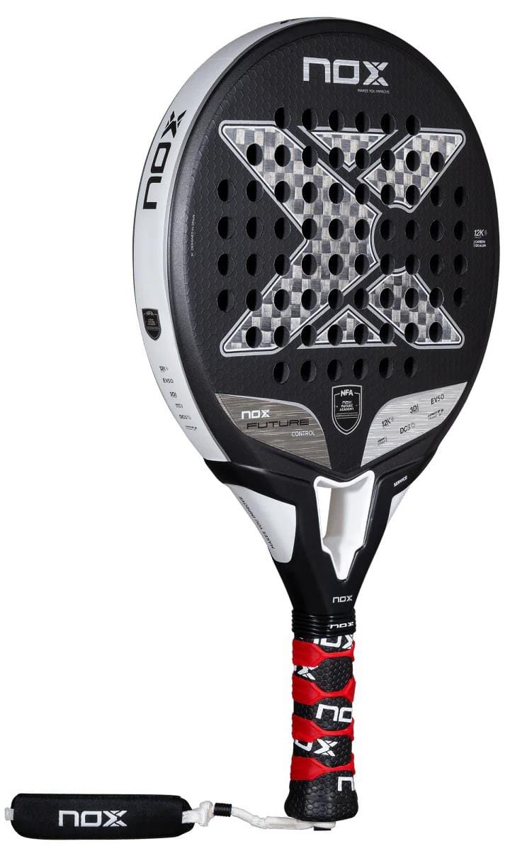 The NOX NFA Future Control 12K Alum Padel Racket in black and white features a bold design with a distinctive "X" pattern, black perforations, and a red-and-black grip—perfect for advanced Future Control.