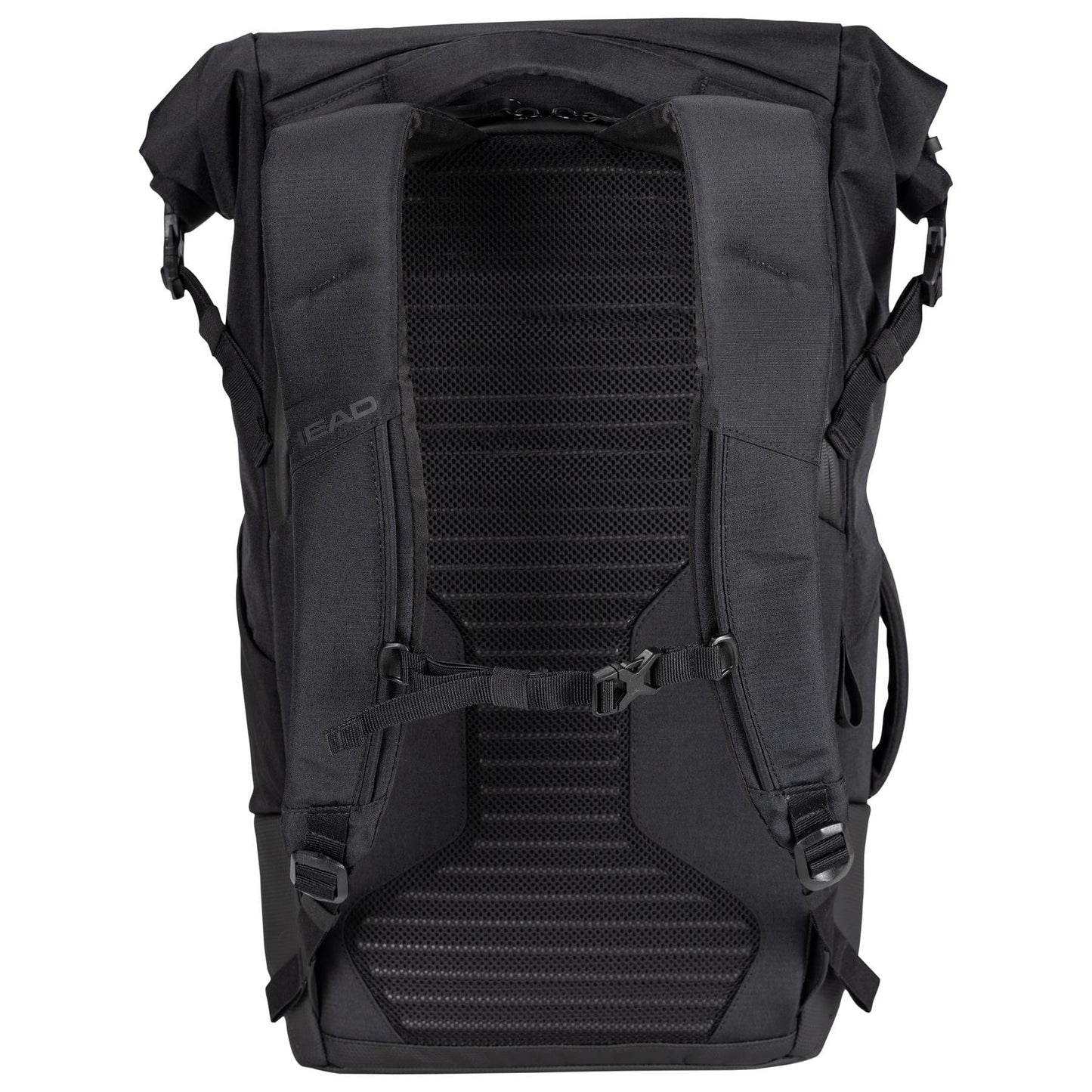 The HEAD Pro X Raqpack Padel Backpack - Black is designed with a racket compartment and features padded shoulder straps, a chest strap, and a mesh back panel for ventilation. It also includes a roll-top opening and side compression straps to keep your gear secure and organized.