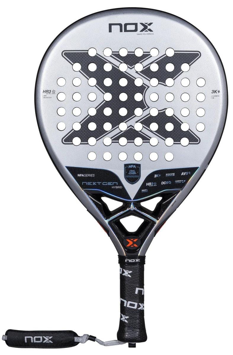 The NOX NFA Nextgen Pro Hybrid 3K Padel Racket in silver and black features a bold X design, 3K Carbon construction, HR3 Black Eva core, circular perforations, and a branded grip with wrist strap.