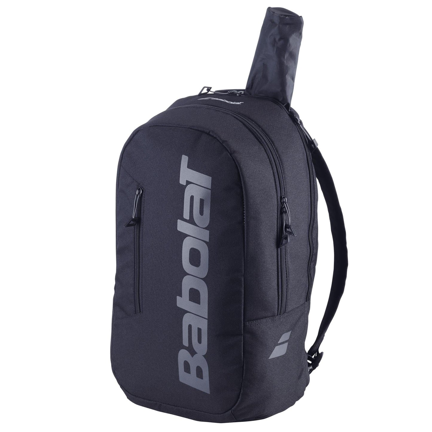 The Babolat Court Lite Padel Backpack - Black features the brand's bold vertical logo and fits a padel racket in its main compartment—ideal for use as a versatile padel backpack or racket bag.