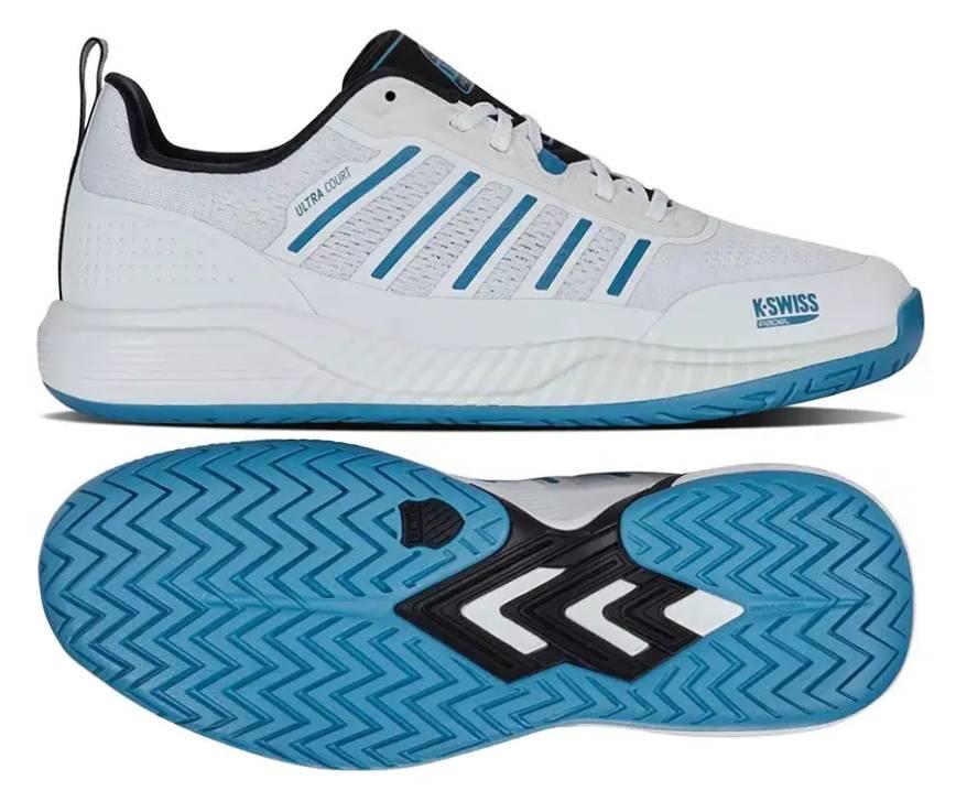 The K-Swiss Ultra Court Men's Padel Shoes in White, Black, and Blue Moon feature a breathable upper with "Ultra Court" on the side. The blue textured rubber sole provides excellent grip, and drag protection enhances quick movements on the court.