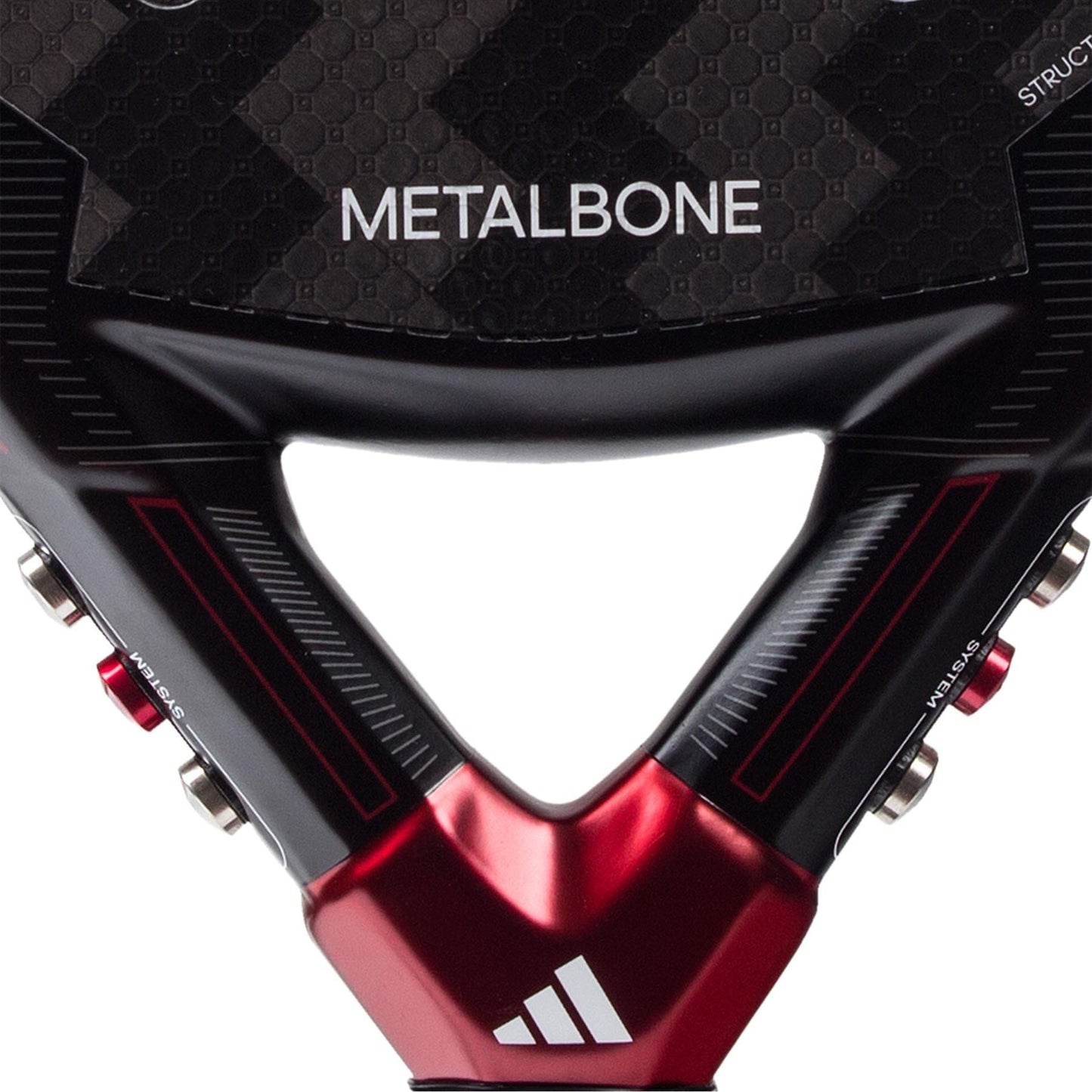 Close-up of the adidas Metalbone 3.3 Padel Racket - Black / Red, highlighting the carbon fiber texture at the bottom with red and silver accents. Designed for advanced players seeking enhanced power, it prominently features "METALBONE" in bold white letters and the iconic logo with three diagonal bars.