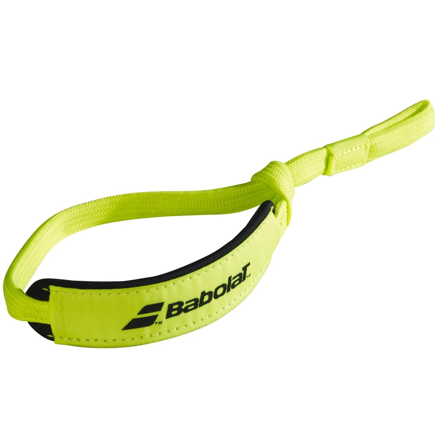 The Babolat Padel Wrist Strap in yellow features the brand's logo and name printed in black. This removable strap comes with an adjustable loop for a secure fit around your wrist, making it a perfect accessory for Babolat racket users or those using a Smart Buttcap.