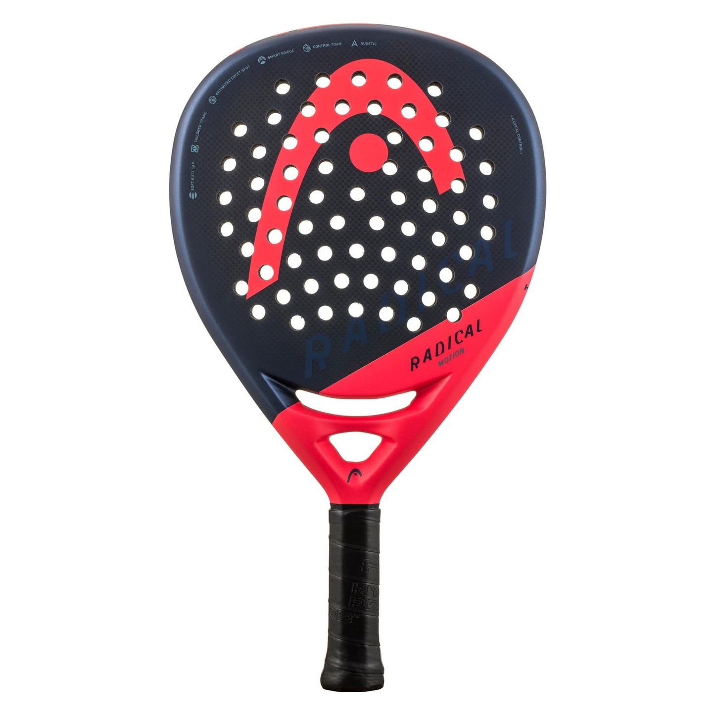 The HEAD Radical Motion 2024 Padel Racket features a stylish navy color. Its perforated round head offers exceptional control, augmented by Auxetic technology, with a unique logo at the center and an easy-to-hold black grip handle.