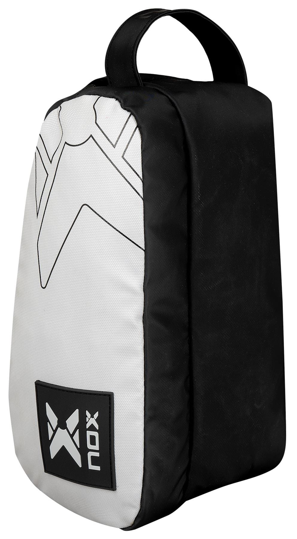 The NOX Luxury Travel Kit Bag - Black / Grey by NOX is a stylish rectangular organiser with a top handle, black-grey geometric design, and the "NOX" logo on the front—perfect for travel or padel accessories.