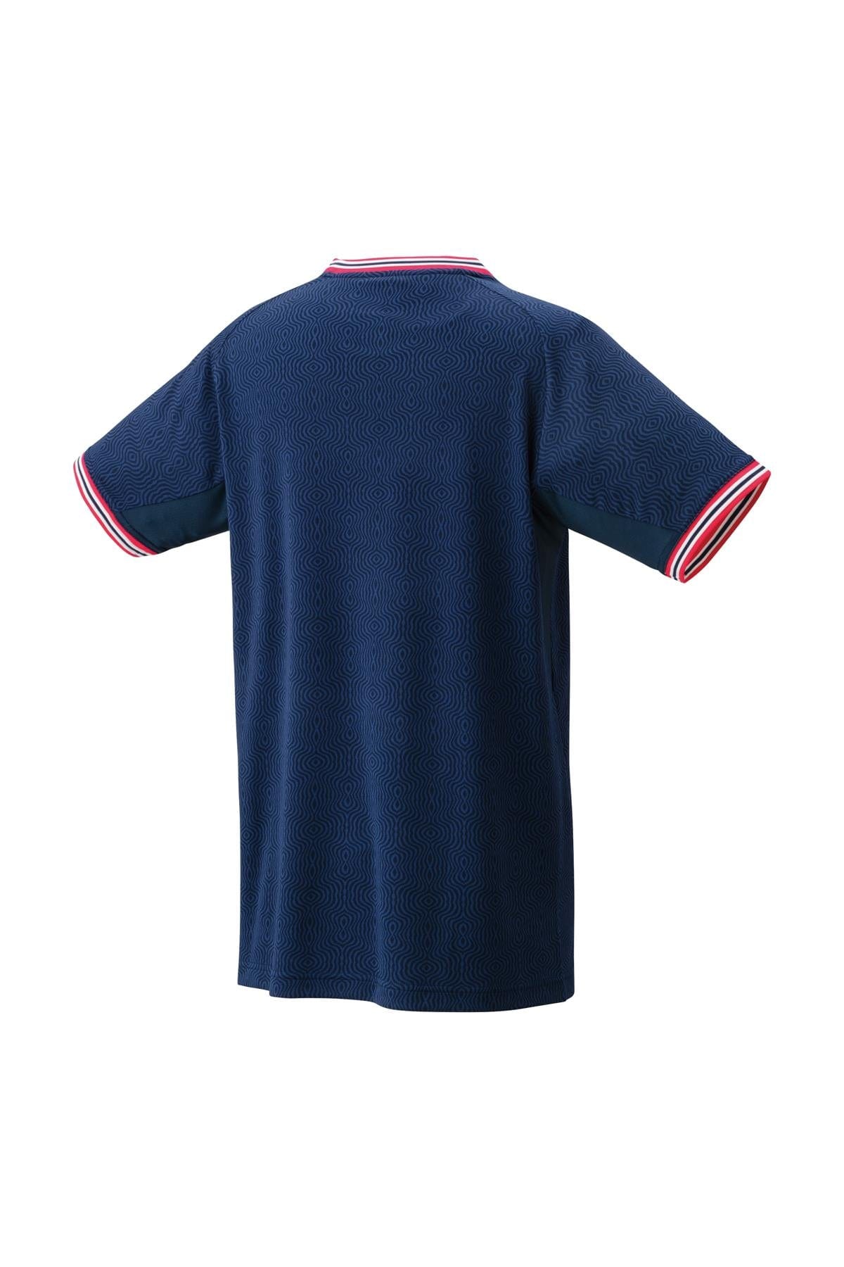 The Yonex 10578 Crew Neck Men's Padel T-Shirt in Indigo Marine showcases a subtle wavy design, enhanced by red, white, and blue striped details on the collar and sleeve trim. Featuring UV reduction and VeryCool technology, it ensures comfort on sunny days.