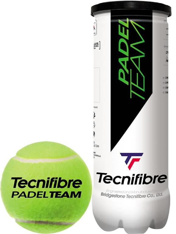 The Tecnifibre Padel Team Balls come in a sleek, cylindrical, white tube with bold black and green text. Inside are vibrant green padel balls featuring the Tecnifibre logo—ideal for any Padel Tour enthusiast.
