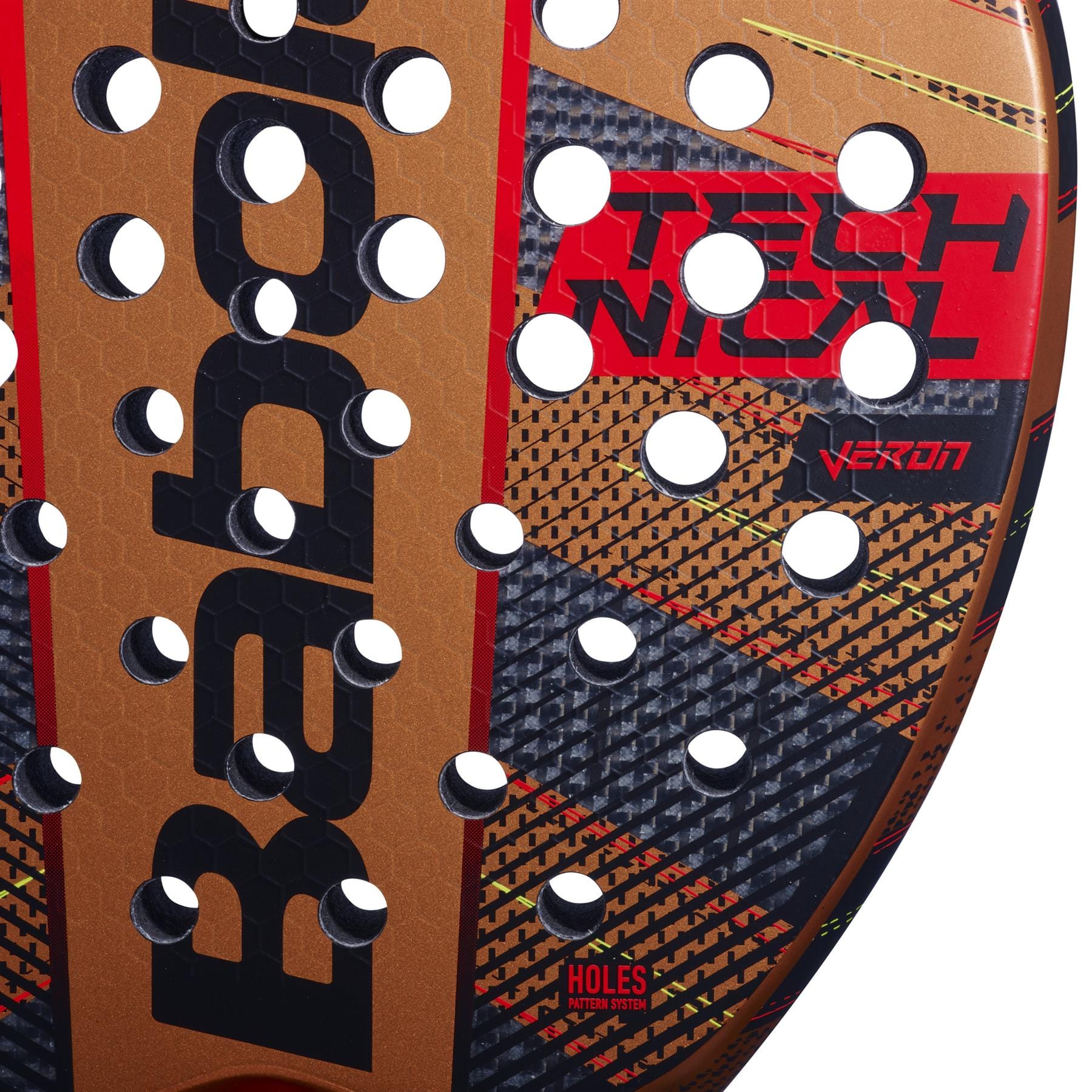Close-up of the Babolat Technical Veron Padel Racket highlights its Carbon Flex patterned surface with circular perforations. The product name "Babolat Technical Veron" is prominently displayed, underscoring dynamic power in its red, black, and copper design elements.