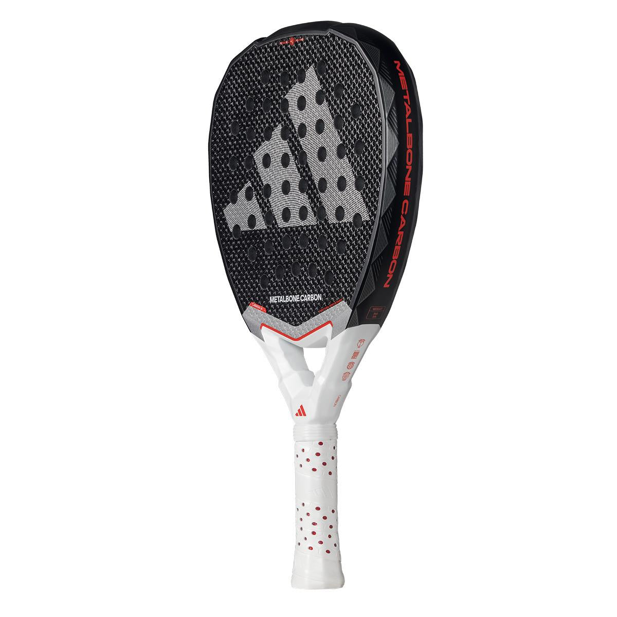 Discover the ADIDAS Metalbone Carbon 3.4 Padel Racket in Black/White, tailored for advanced players. This Adidas racket features a textured, dotted surface and a white perforated grip handle for superior control.