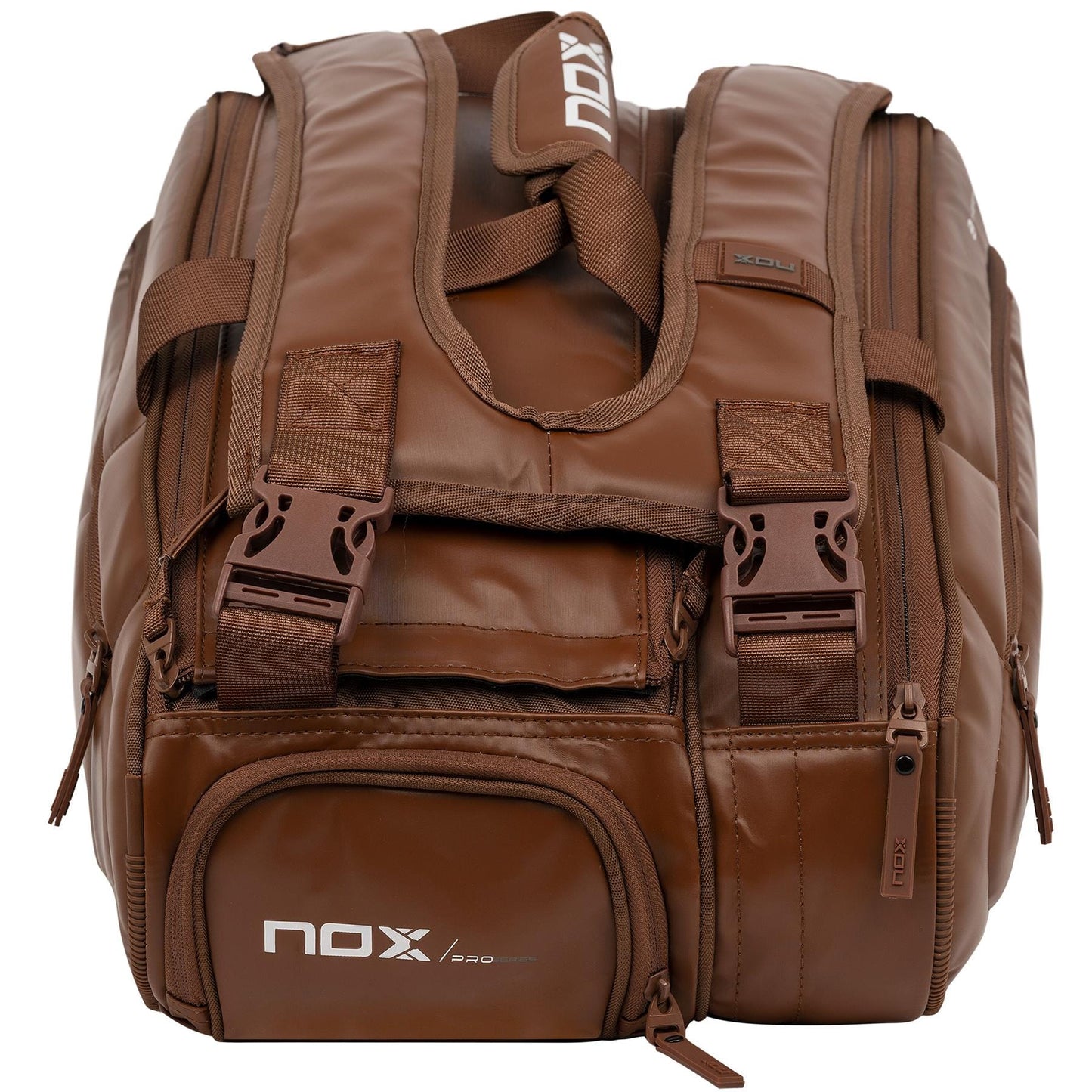 The NOX Pro Series Padel Racket Bag - Camel is a large, 45L bag featuring multiple zippered compartments, two buckled front straps, padded shoulder straps, visible NOX branding, and a durable structured design.