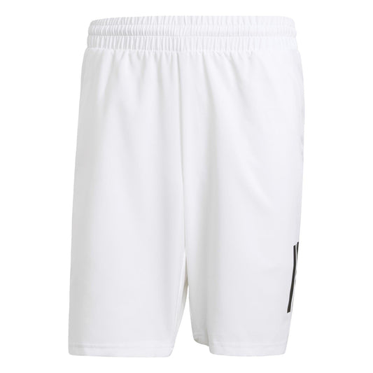 The adidas Men's 3 Stripe Padel Shorts in white feature an elastic waistband and a small black logo on the lower-left side. These shorts offer a simple, clean design with moisture-wicking fabric to keep you comfortable during intense matches.