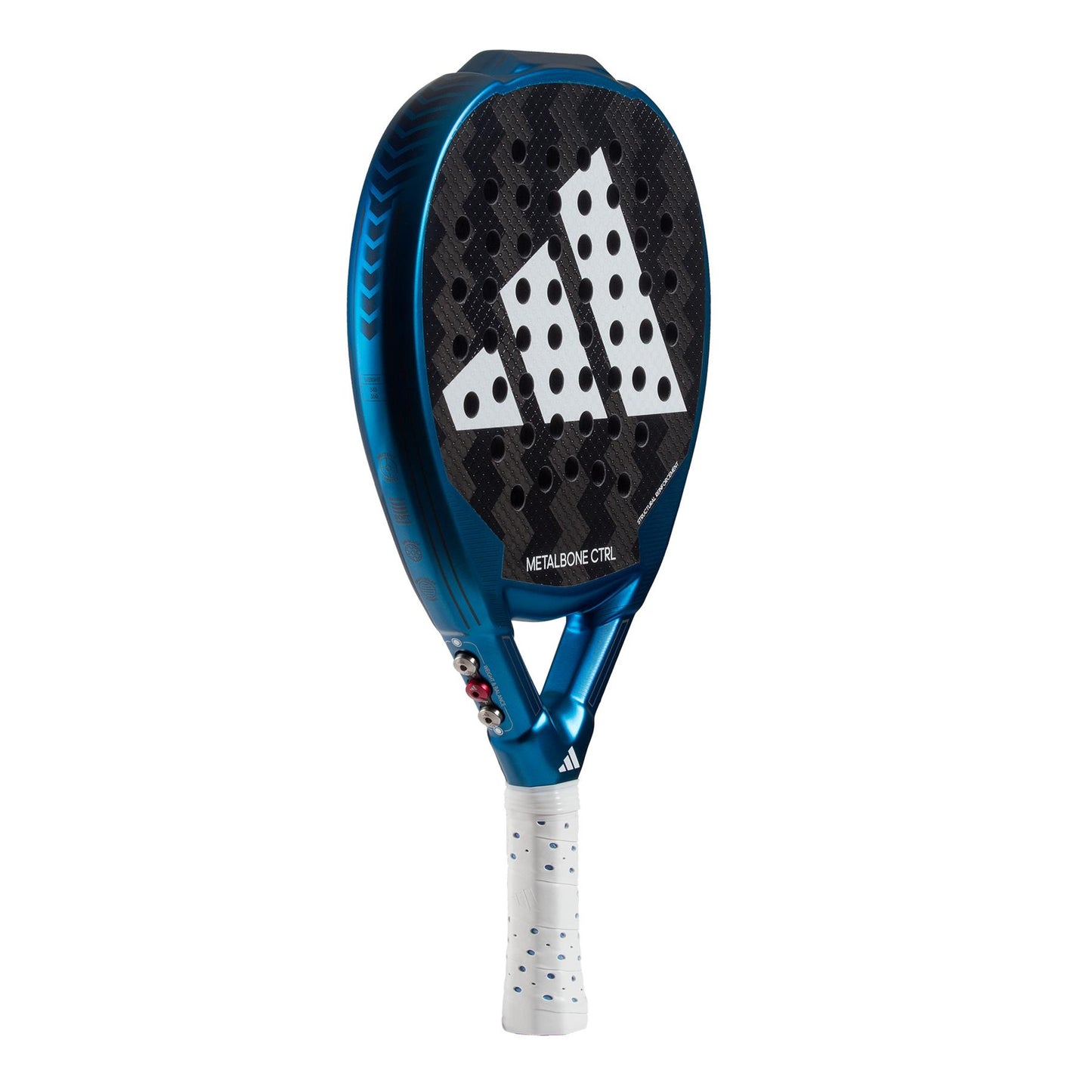The ADIDAS Metalbone CTRL 3.3 Padel Racket - Blue is crafted for advanced players and showcases a striking combination of black and white design elements on its surface. The handle is wrapped in sleek white grip tape, providing enhanced control.