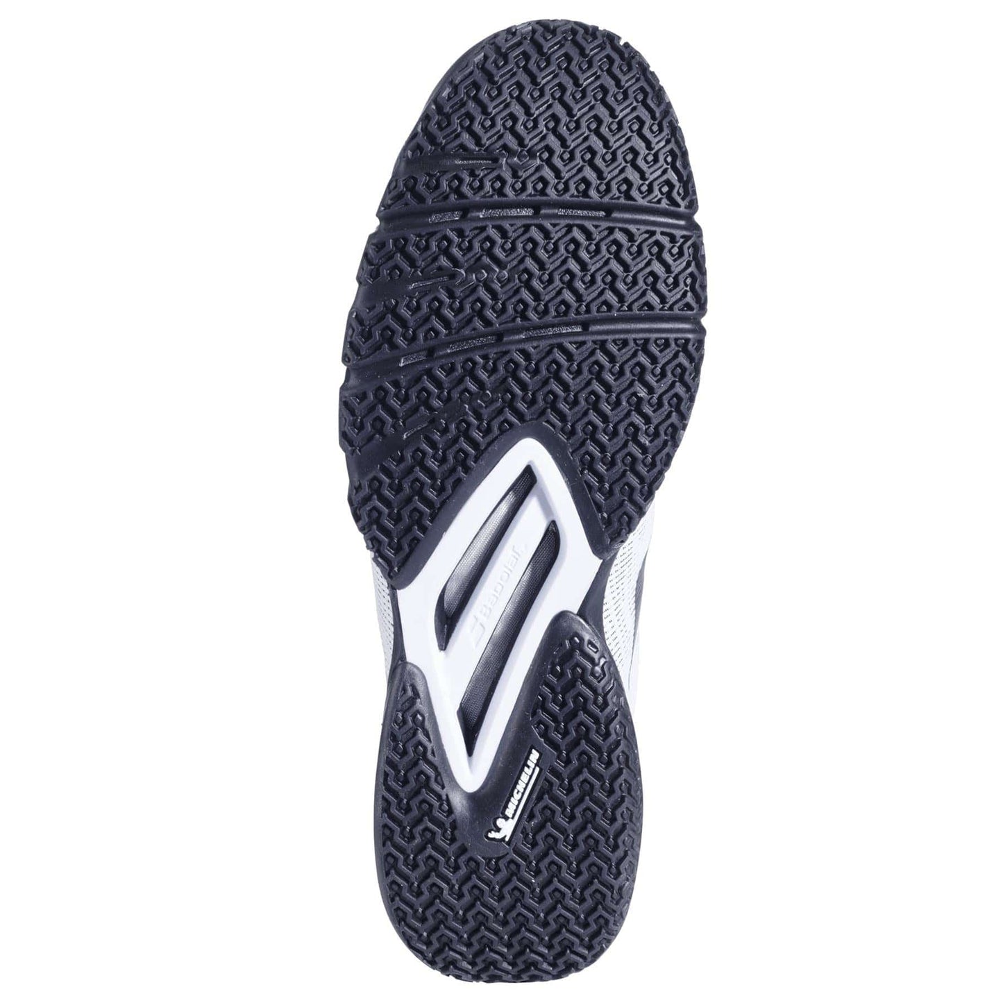The sole of the Babolat Jet Viva Men's Padel Shoes in white/black displays a black, textured rubber pattern for traction, ideal for intermediate players. It features the Babolat logo near the heel and includes white accents and cutouts in the midsection for enhanced flexibility.