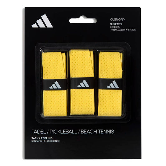 The adidas Padel Overgrips (3 Pack) in yellow come in black packaging with the Adidas logo at the top left and white text, providing comfort and performance for padel, pickleball, or beach tennis.