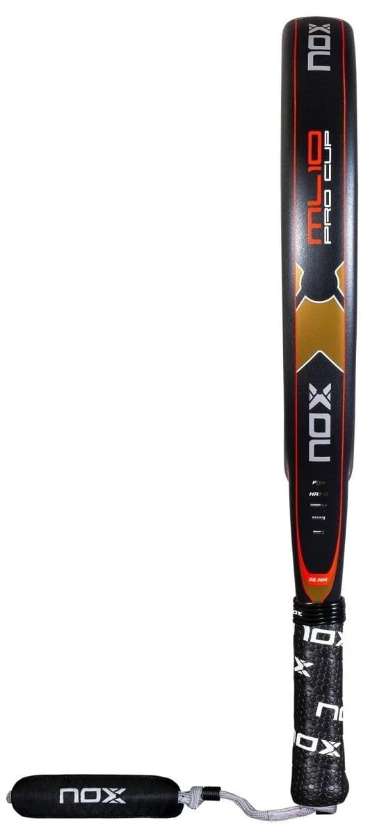 The NOX ML10 Pro Cup Rough Surface By Miguel Lamperti 2025 Padel Racket features a black design with gold and red details, rough surface for extra spin, the NOX logo, and a Smartstrap® System for customizable grip.