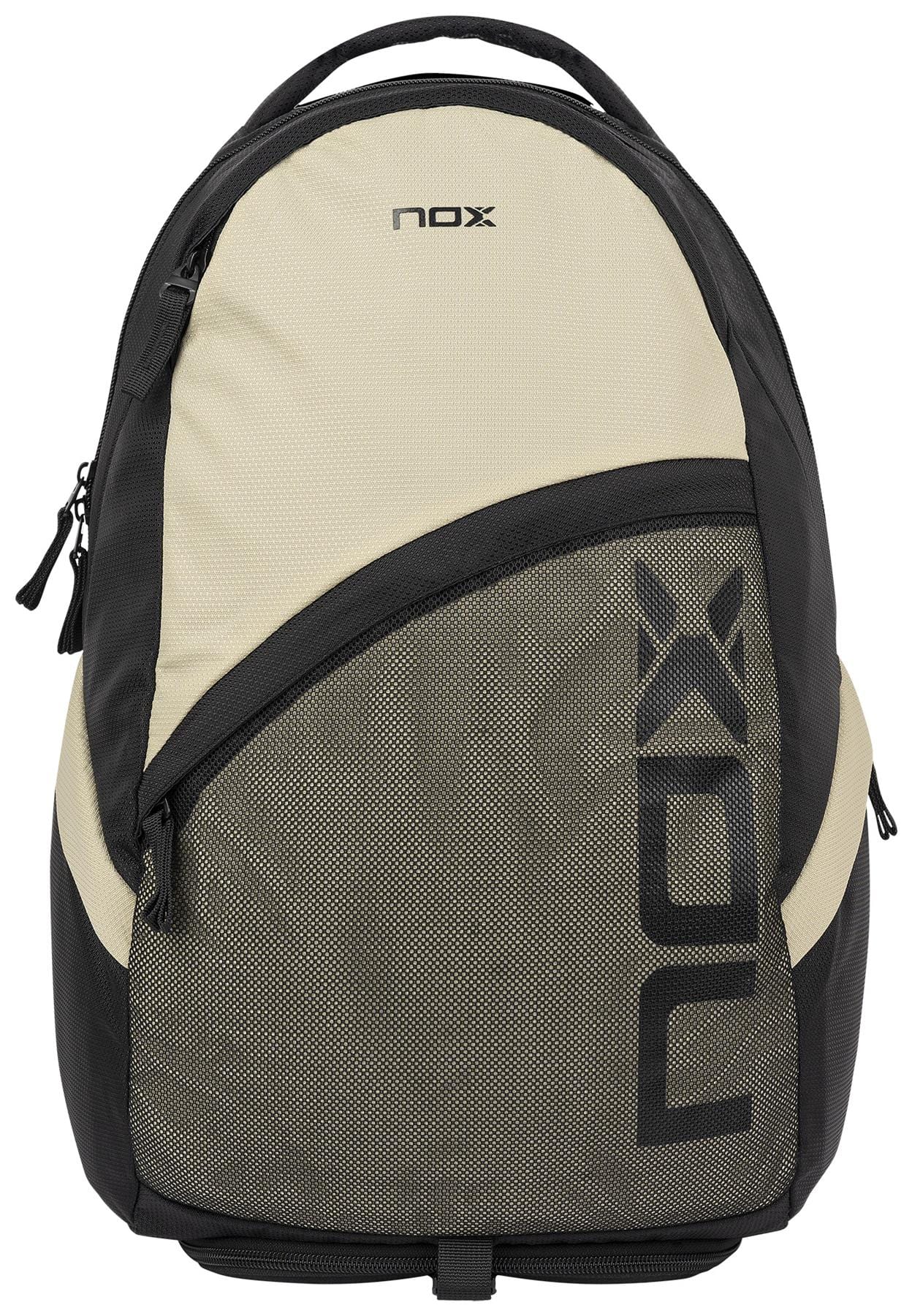 The NOX Street Series Padel Racket Bag in black and grey features a front zip pocket, mesh accents, and the NOX logo on the lower right—ideal for those who love urban style.