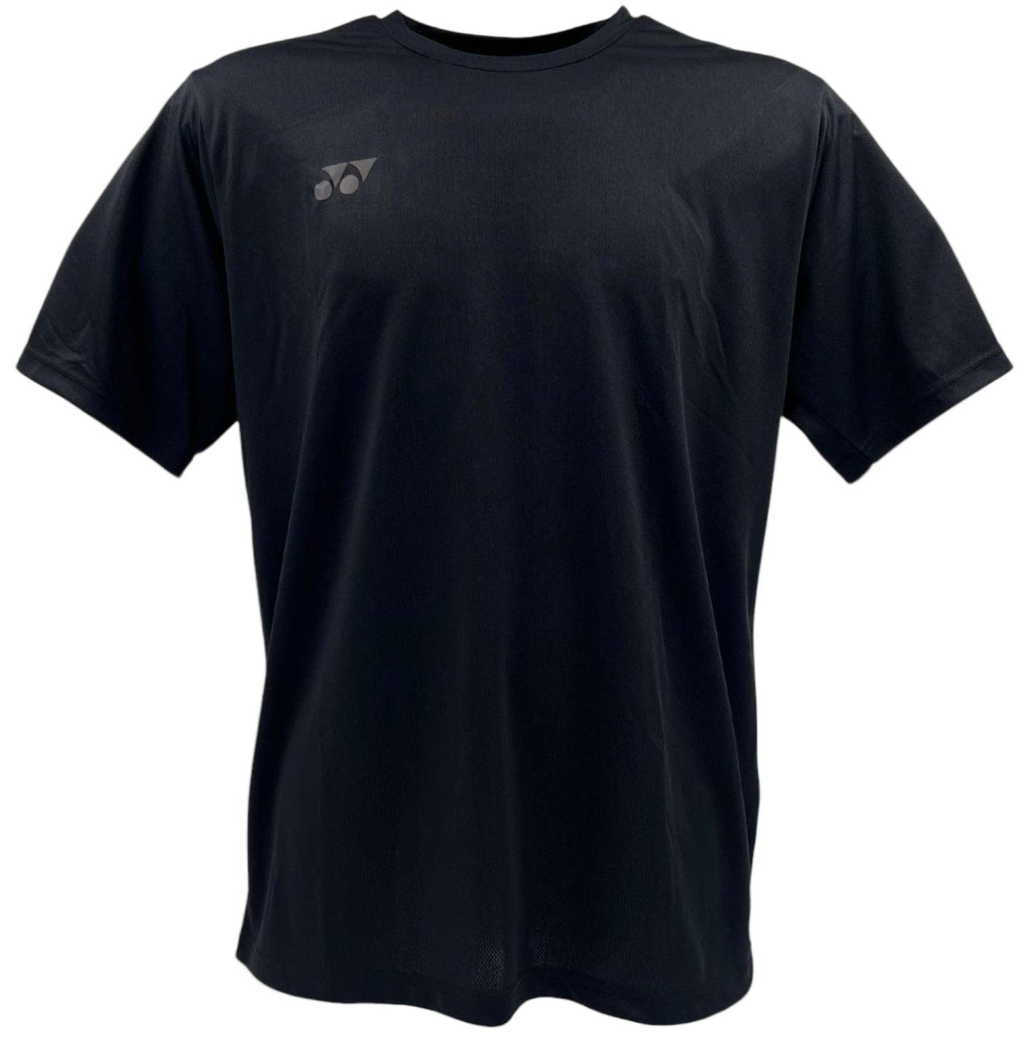The Yonex YTM9 Unisex Padel T-Shirt in black is a short-sleeve, moisture-wicking polyester tee featuring a small white Yonex logo on the left chest, shown on a white background.