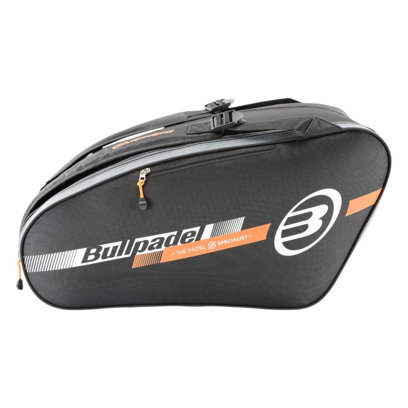 The Bullpadel Tour 25 Padel Racket Bag in black features vibrant orange accents and the iconic Bullpadel logo. It offers multiple zippered compartments, a padded racket section, and an aerodynamic design for sleek storage.