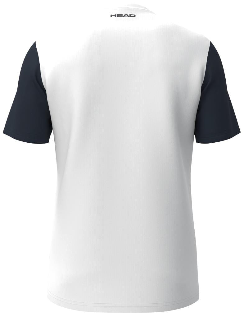 The HEAD Club Tech 25 Men's Padel T-Shirt features a navy and white design with short sleeves, "HEAD" branding on the back collar, and is crafted from moisture-wicking microfiber for a light, athletic feel ideal for your game.