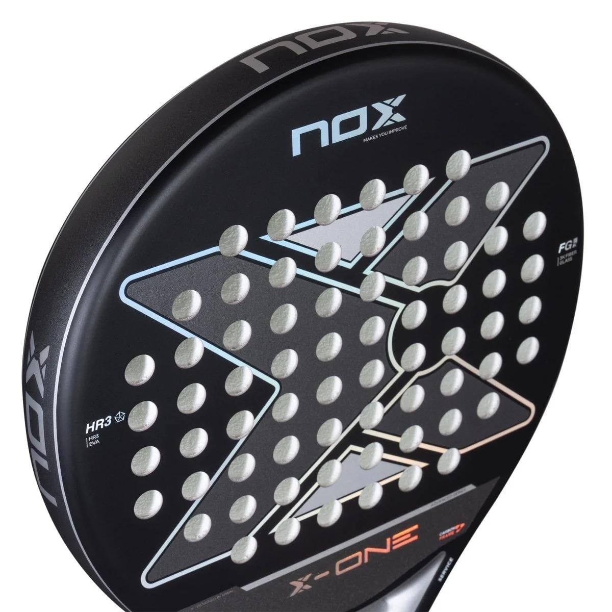 Close-up of the NOX X-One Advance Series Padel Racket in black, featuring a large X design, multiple circular holes, visible NOX branding, and an HR3 rubber core for enhanced performance.