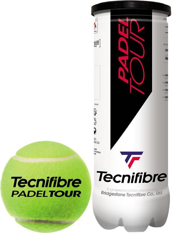 The Tecnifibre Padel Tour Padel Balls - 3 Ball Tube features a black and white can with the iconic Tecnifibre logo, alongside a vibrant green ball marked "Tecnifibre PADEL TOUR.
