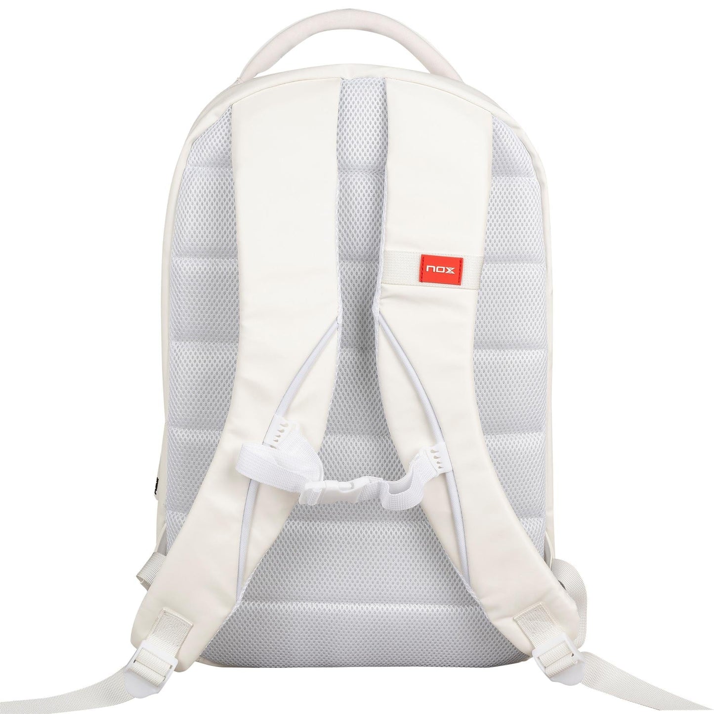 The NOX Pro Series Padel Backpack - White features padded gray mesh on the back and straps, a small red "nox" tag, adjustable straps, and a top handle—ideal for carrying your padel essentials.
