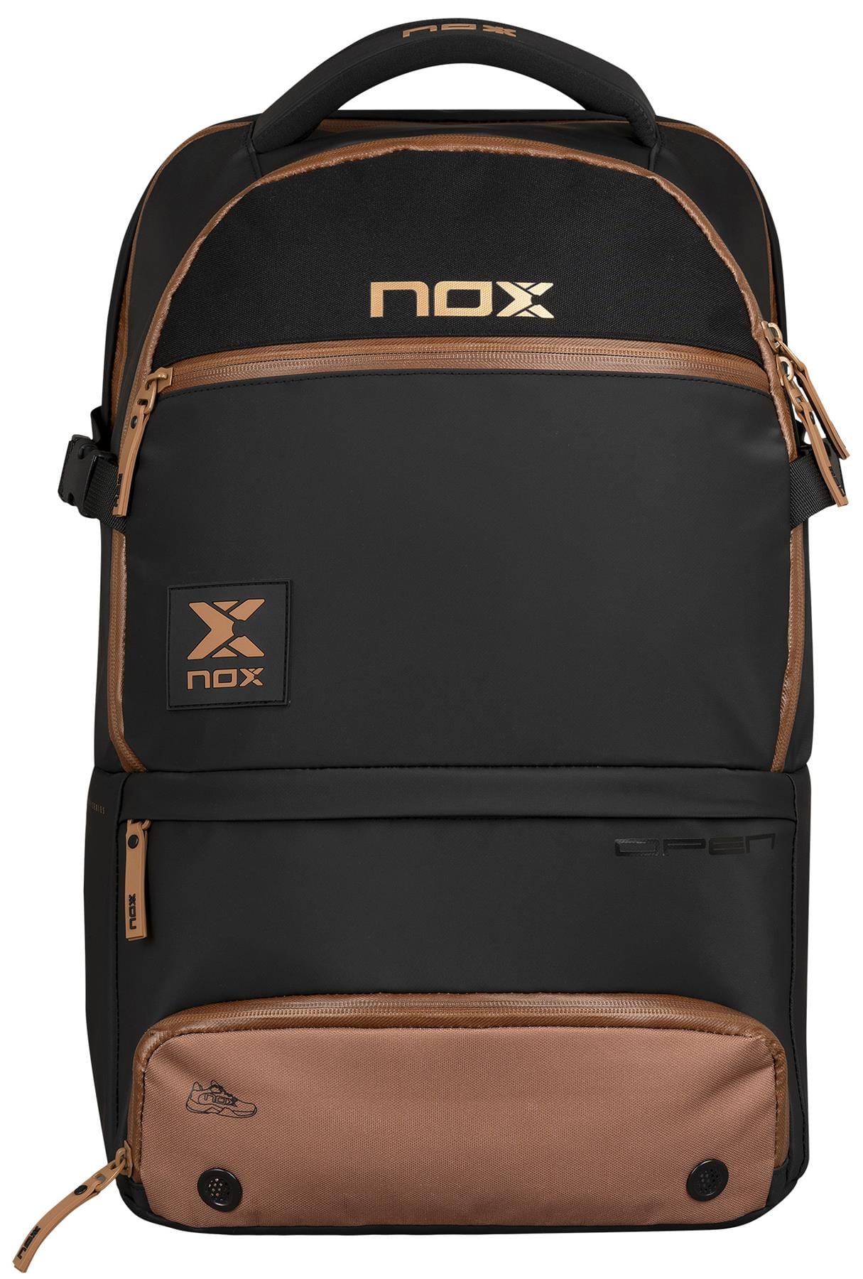 The NOX Luxury Open Series Padel Backpack in black and brown features multiple zippered compartments, a top handle, gold NOX logo, air ventilation system, and dedicated space for your padel racket.