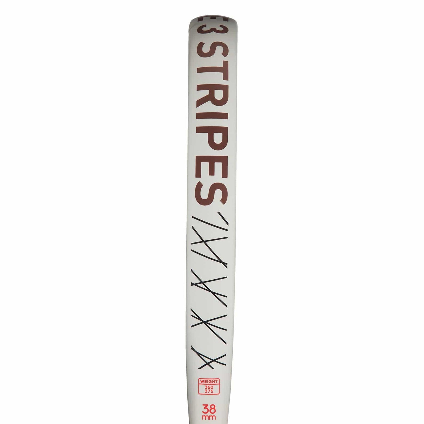 Close-up of a cricket bat's back featuring the text "3 STRIPES" in large brown letters, reminiscent of the ADIDAS Drive 3.3 Padel Racket - Vintage by adidas, celebrated for its control and comfort. Below, a logo with stylized stripes and "38 mm" appears above a small emblem. The sleek white bat design is beginner-friendly.